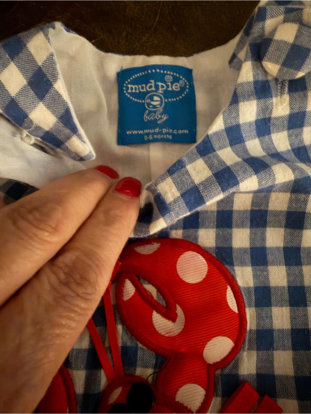Mud Pie Blue and White Gingham romper with Red Polka Dot Lobster Applique